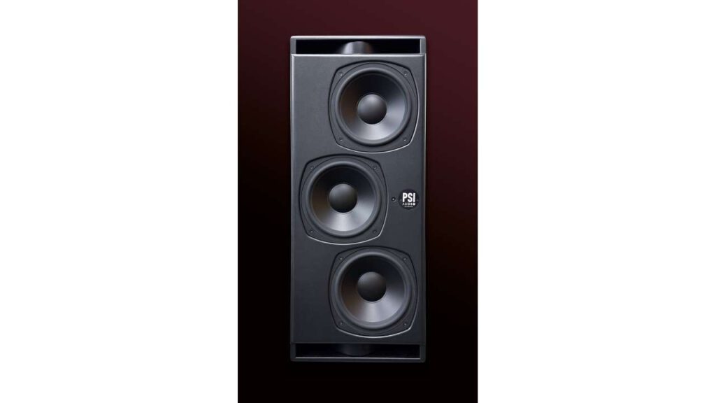 Front view of a large black studio monitor speaker from PSI Audio, featuring three visible speaker drivers and a rectangular enclosure. At the top is a horn tweeter, followed by two mid-bass drivers and a woofer. The PSI Audio logo is displayed on the right side. The background is a dark red gradient.