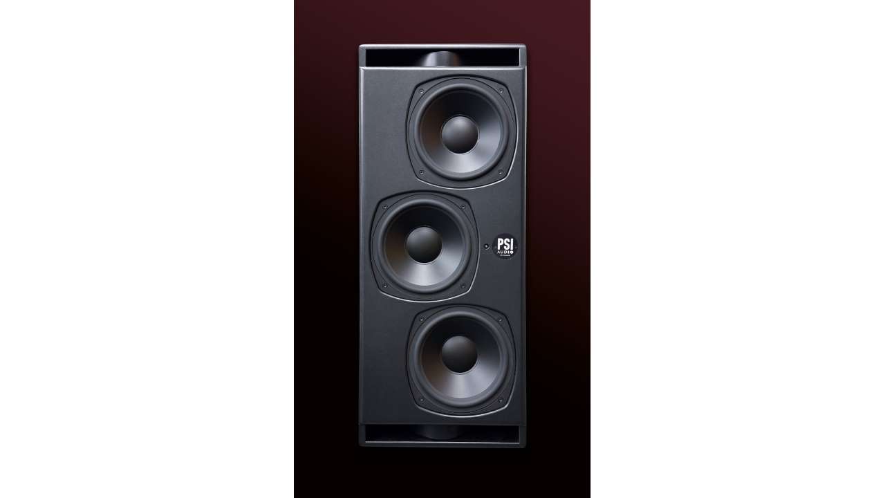 Front view of a large black studio monitor speaker from PSI Audio, featuring three visible speaker drivers and a rectangular enclosure. At the top is a horn tweeter, followed by two mid-bass drivers and a woofer. The PSI Audio logo is displayed on the right side. The background is a dark red gradient.