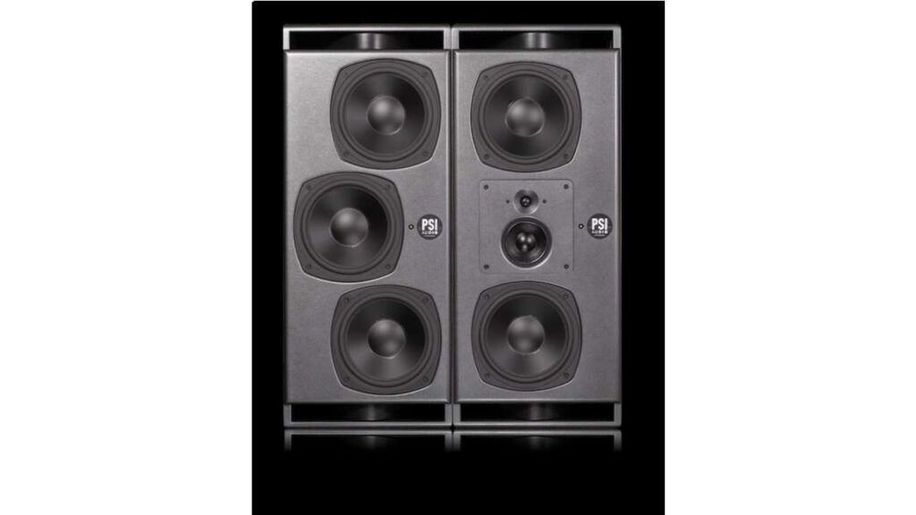 Front view of a pair of large PSI Audio professional studio monitor speakers, each featuring multiple woofers and a central midrange and tweeter section, standing side by side against a black background.