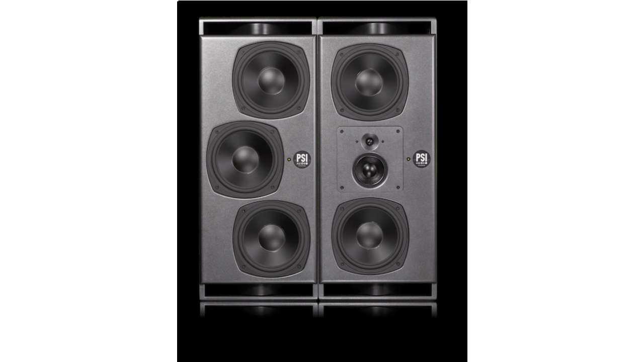 Front view of a pair of large PSI Audio professional studio monitor speakers, each featuring multiple woofers and a central midrange and tweeter section, standing side by side against a black background.