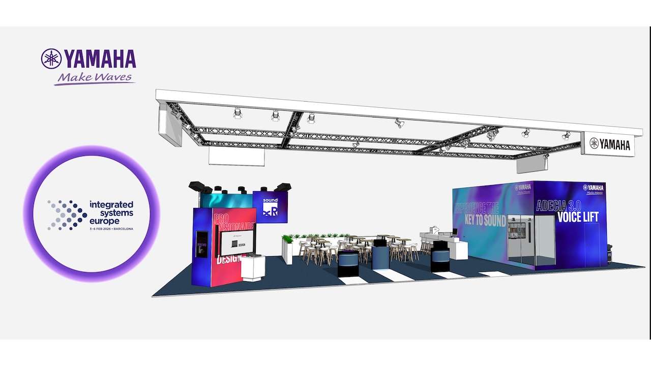 Visualization of the Yamaha exhibition booth at Integrated Systems Europe (ISE), featuring an open stand design with overhead truss, seating area, and dedicated zones for pro audio and conferencing solutions, including Yamaha branding and the ISE logo.