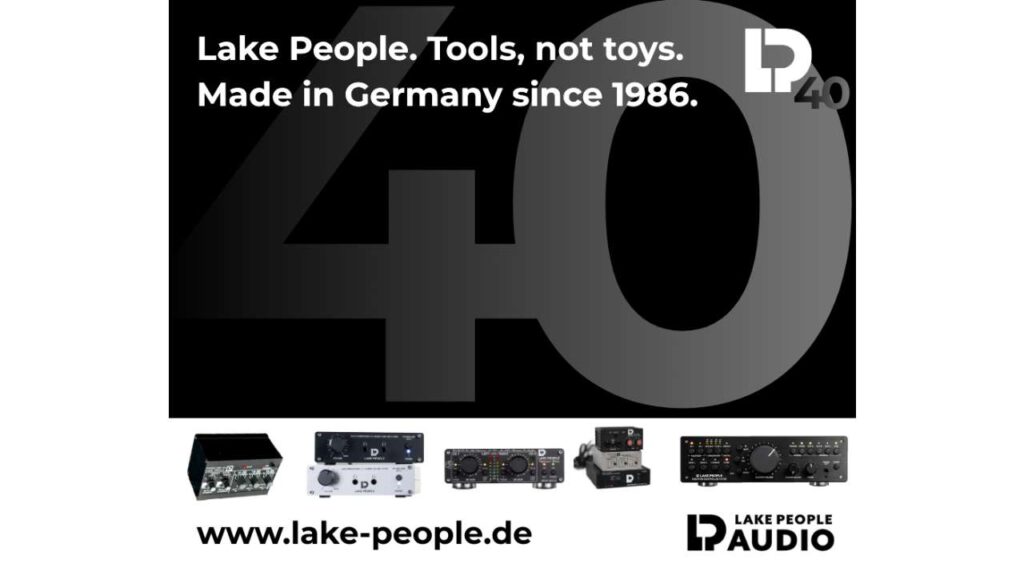 Anniversary graphic by Lake People Audio celebrating 40 years, featuring the slogan “Lake People. Tools, not toys. Made in Germany since 1986,” a large “40,” images of professional audio equipment, and the website lake-people.de on a black background.