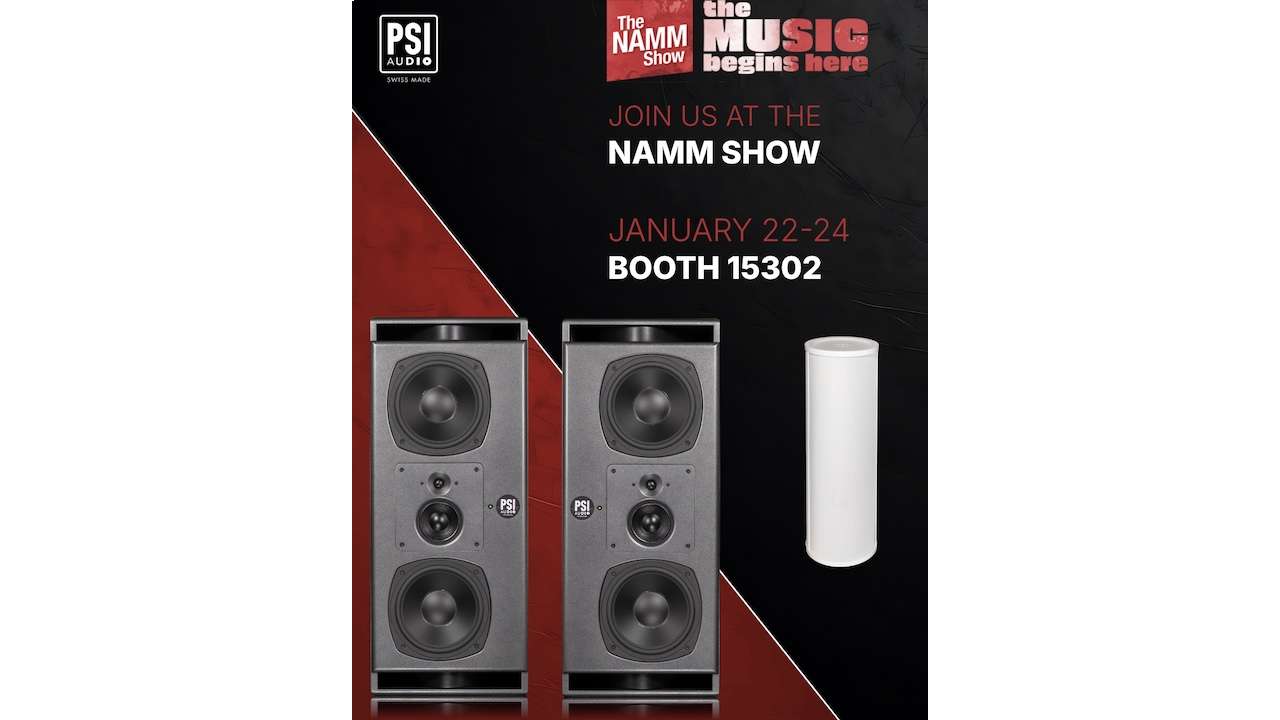 Promotional graphic by PSI Audio for the NAMM Show, featuring two professional studio monitors and a cylindrical loudspeaker; text announces the NAMM Show from January 22–24 and booth 15302.