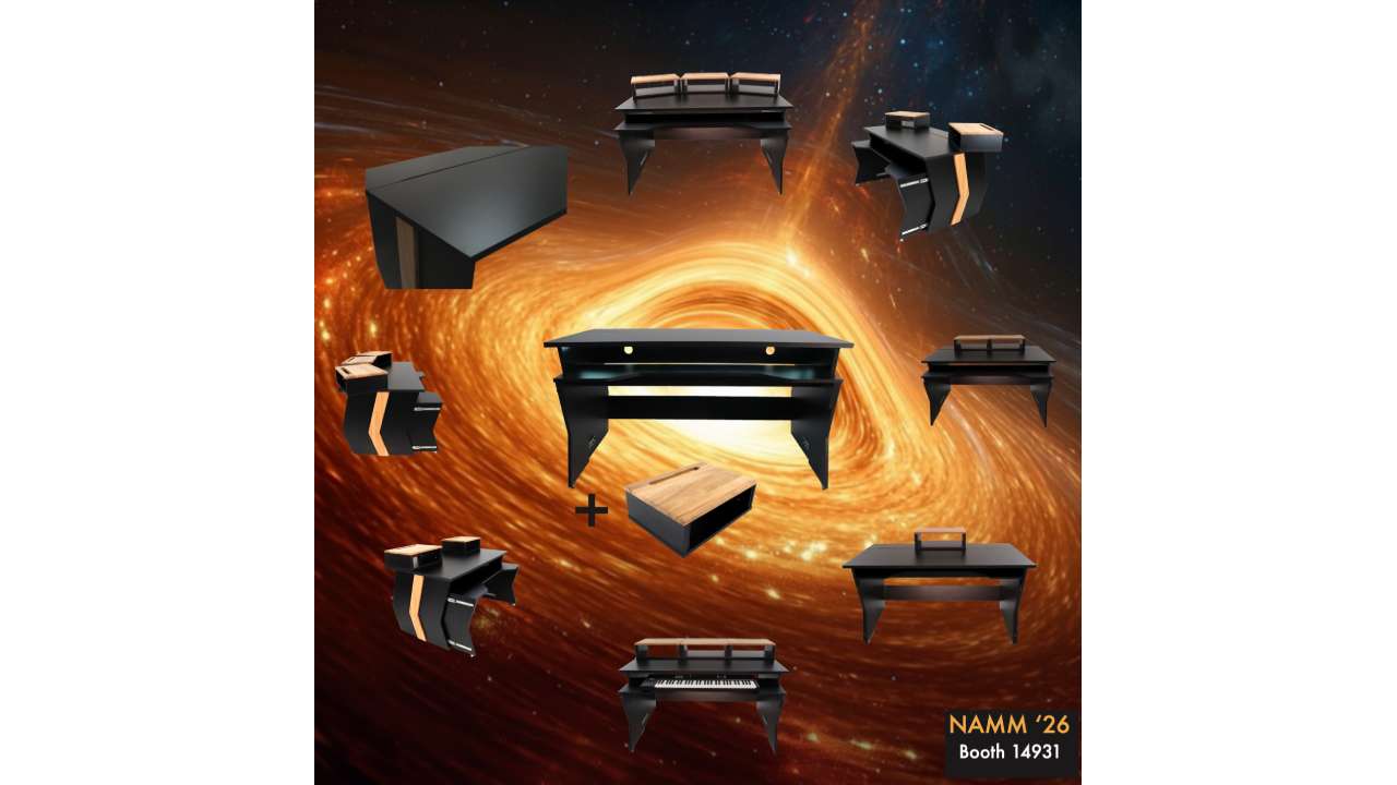 Promotional graphic showing modular black studio desk and keyboard workstation configurations on a swirling galaxy background, with “NAMM ’26 Booth 14931” text.
