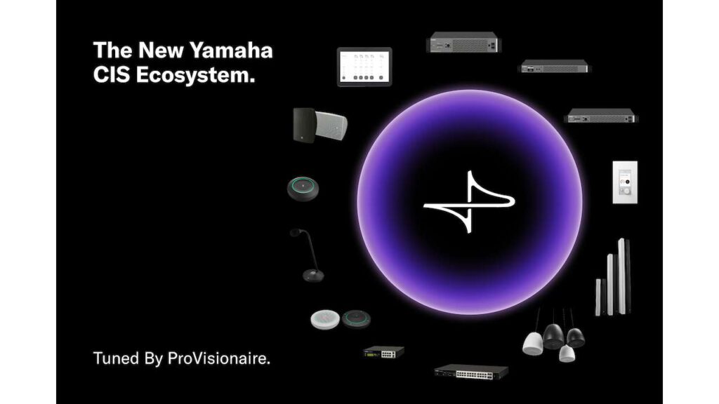 Graphic titled “The New Yamaha CIS Ecosystem” featuring a Yamaha logo in a purple circle, surrounded by networked audio/AV components such as speakers, microphones, amplifiers, and controllers.