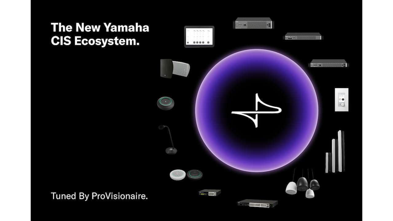 Graphic titled “The New Yamaha CIS Ecosystem” featuring a Yamaha logo in a purple circle, surrounded by networked audio/AV components such as speakers, microphones, amplifiers, and controllers.