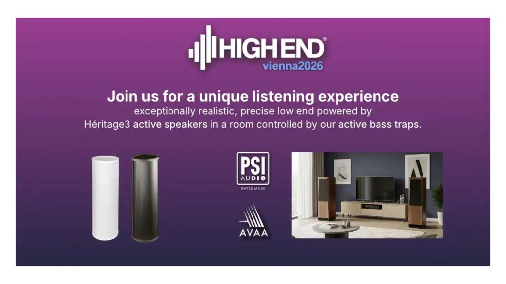 PSI Audio High End 2026 with Heritage3 speakers, bass traps, and a living room scene on a purple background