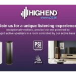 PSI Audio High End 2026 with Heritage3 speakers, bass traps, and a living room scene on a purple background
