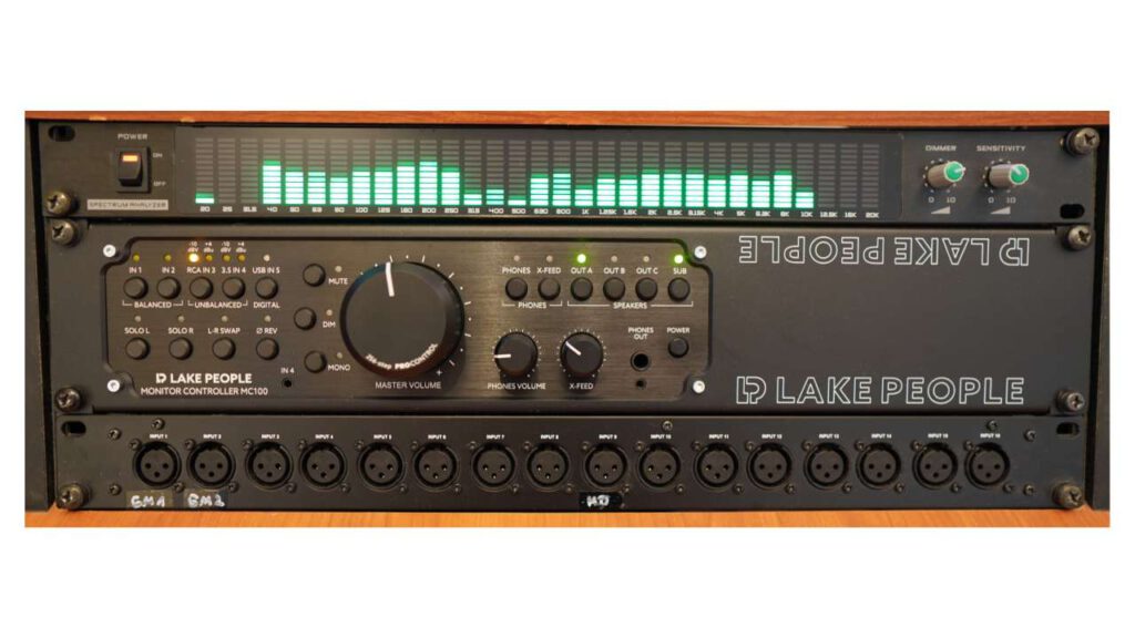 Black Lake People MC100 monitor controller with mounting frame installed in a 19-inch studio rack.