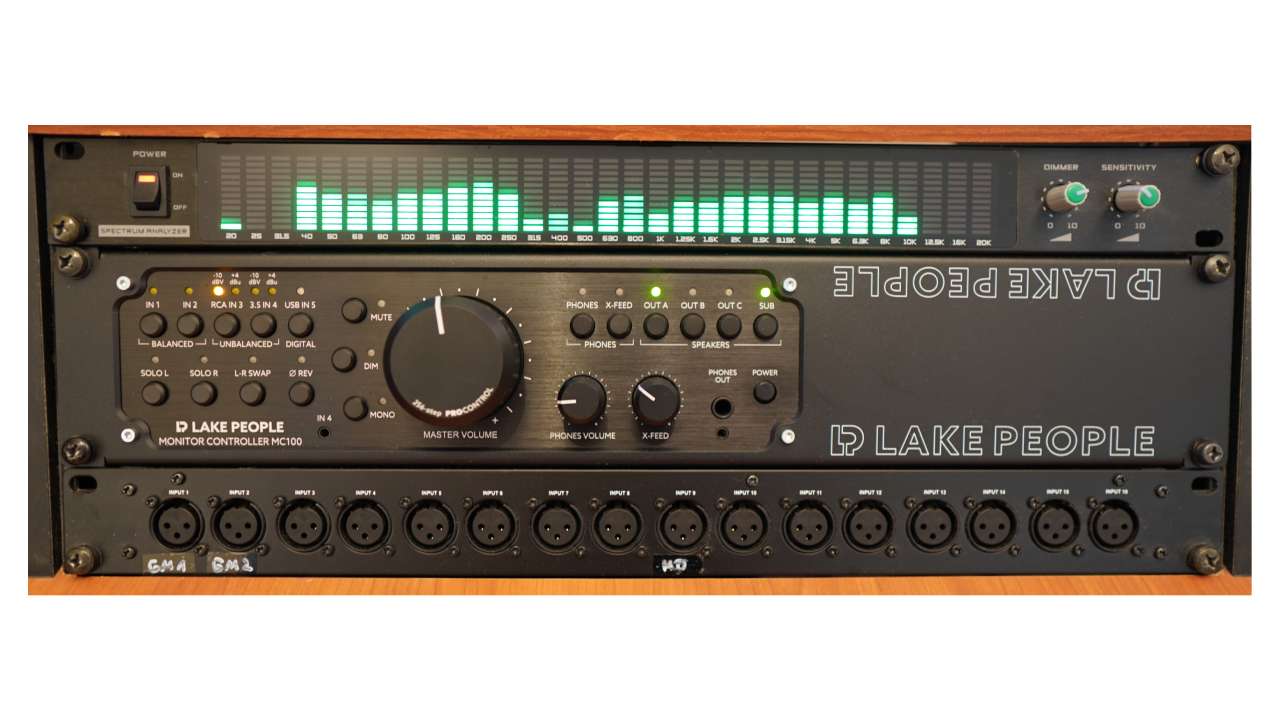 Black Lake People MC100 monitor controller with mounting frame installed in a 19-inch studio rack.