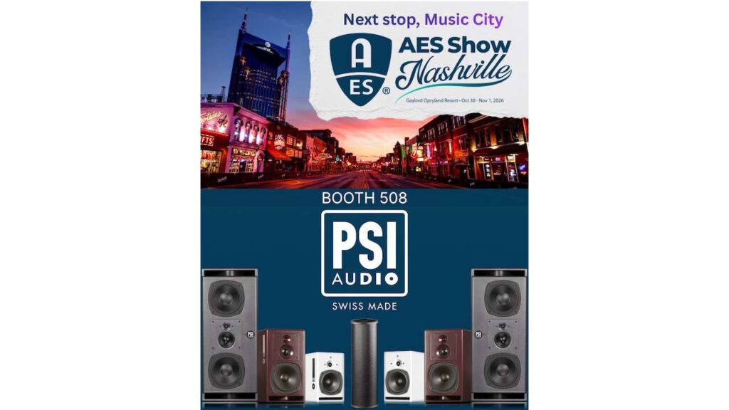 PSI Audio studio monitors and AVAA C214 bass trap below Nashville city skyline with AES Show logo.