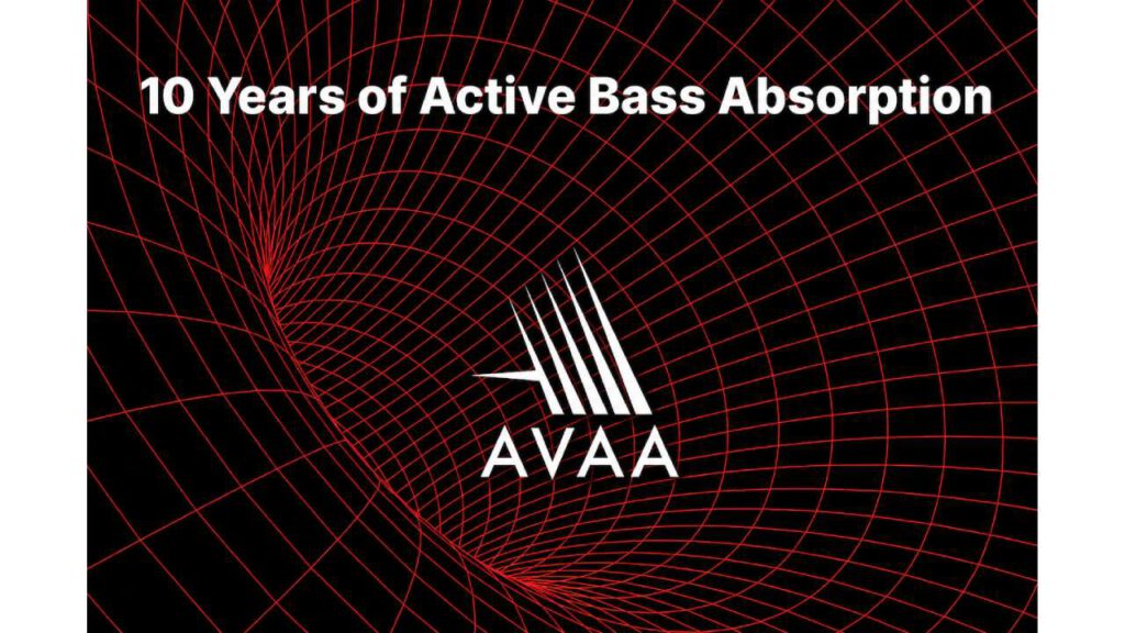 AVAA logo and text 10 Years of Active Bass Absorption in front of a black background with a red grid pattern.